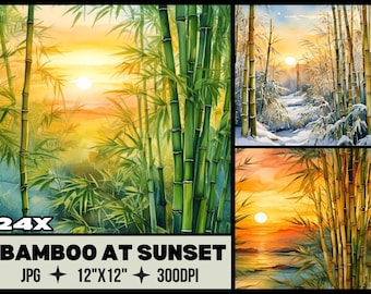 May include: A watercolor painting featuring bamboo stalks and leaves in a sunset scene. The image includes a close-up of bamboo and two additional landscape scenes. The text "BAMBOO AT SUNSET" is displayed at the bottom, along with dimensions of 12"x12".