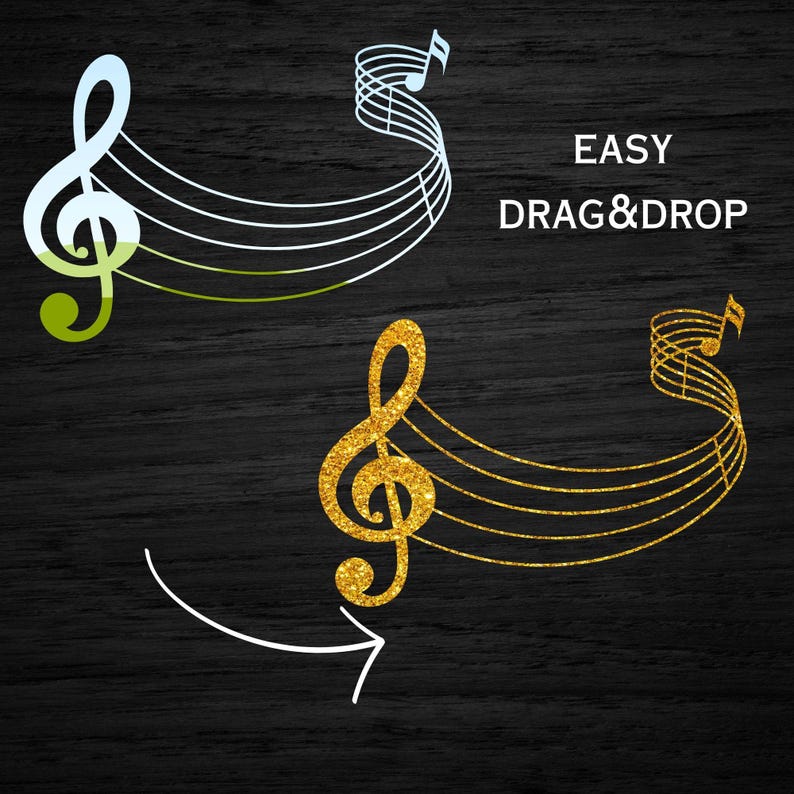 May include: A gold treble clef and musical staff with glitter on a black background. The text "EASY DRAG&DROP" is above the musical staff. A white arrow points to the right.