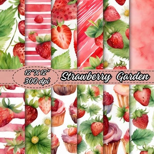 Watercolor Strawberry Pattern Digital Papers, Summer Themed Digital Scrapbooking Paper, Strawberry Fruit Background, Floral Illustrations