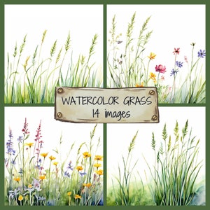 Pacote de grama aquarela JPG, papel de scrapbook de grama exuberante, grama alta, conjunto de clip art de flores silvestres, ilustrações de diário de lixo inspiradas na natureza