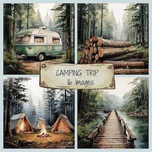 Paquet de papier numérique de voyage de camping, papier de scrapbooking aventure en plein air, fournitures de loisirs créatifs sur le thème de la nature, amoureux de la nature, fond de camp rustique