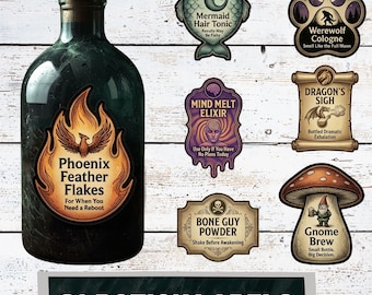 May include: A dark green glass bottle with a cork stopper and a label that reads "Phoenix Feather Flakes." Surrounding the bottle are 31 potion labels with various designs, including a mermaid, a werewolf paw, and a gnome.