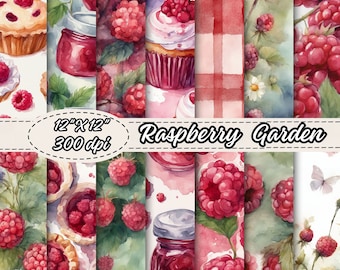 Watercolor Raspberry Pattern Digital Papers,Summer Themed Digital Scrapbooking Paper, Raspberry Fruit Garden Background,Floral Illustrations