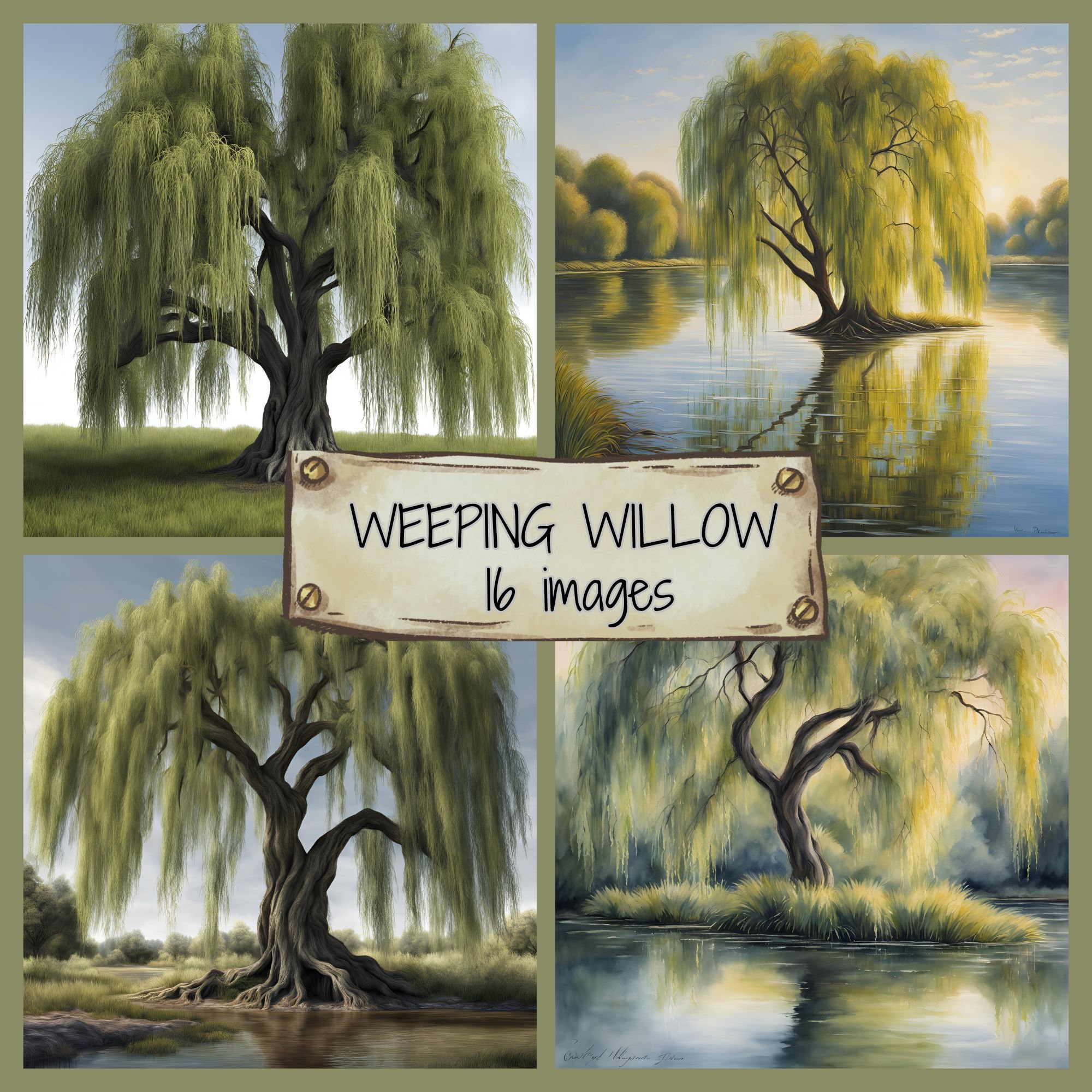 Watercolor Weeping Willow Tree Clipart: Digital Paper Pack (JPG