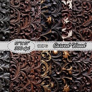 Paquete de papel digital de texturas de madera oscura tallada, Papel de álbum de recortes de madera adornado, Patrón de madera realista imprimible, Fondos de tablones de madera