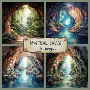 Lot de cliparts Jpg aquarelle grottes, paysage de grottes mystiques, paquet de papier numérique nature, arrière-plans art rupestre, papiers inspirés de la nature