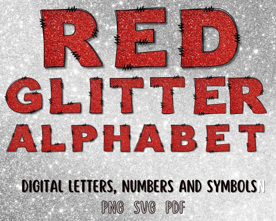 Red Glitter Doodle Letters Clip Art Set, Sparkle Font SVG, , Red