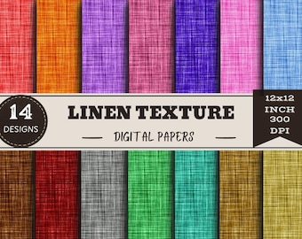May include: A collection of 14 digital papers featuring a linen texture in various colors including red, orange, purple, pink, blue, brown, gray, green, and gold. The image includes the text 14 DESIGNS LINEN TEXTURE DIGITAL PAPERS 12x12 INCH 300 DPI.