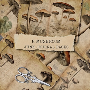 kit de carnet vintage champignon, champignon, intercalaires de journal, feuille de collage champignon vénéneux, éphémères champignons, imprimable, papiers de scrapbooking