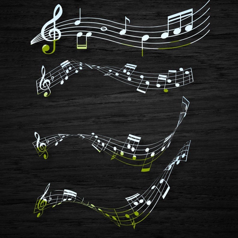 May include: Four sets of musical notes on a black wood background. The notes are white with black outlines and are arranged in a wavy pattern. The notes are accented with a green outline.