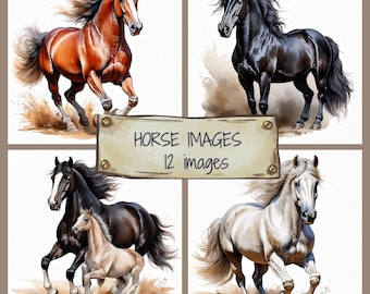 Watercolor Horse JPG Clip Art Set, Horse Illustrations, Digital Horse Graphics, Equestrian Illustrations,Scrapbooking Supplies, Junk Journal