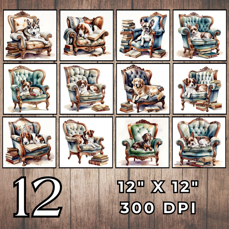 Watercolor Dog Clipart Bundle: Victorian Chair, Vintage Pet Art (JPG ...