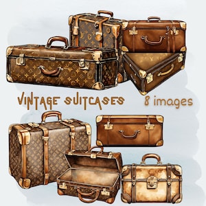 Ensemble de clipart valises de créateur de luxe aquarelle antique, valises vintage éphémères, illustrations de voyage vintage, journal indésirable, scrapbooking