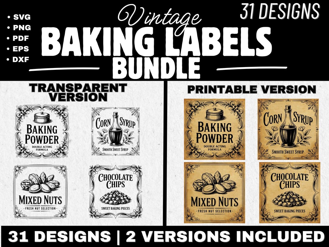Vintage Baking Labels Bundle PNG SVG | Pantry Labels Printable ...