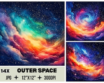 Paquete de papeles digitales del espacio exterior, papeles de fondo celestiales, papel para álbum de recortes del cielo nocturno, cielo de nebulosas, papel imprimible de estrellas cósmicas, cielo galáctico