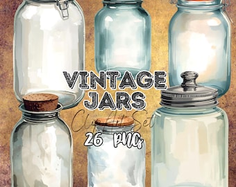 Zestaw rustykalnych akwarelowych clipartów vintage – 22 słoiki w stylu farmhouse w formacie PNG | Sztuka kuchenna Cottagecore | Pobieranie cyfrowe