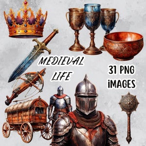 Medieval Life Clip Art Set, Medieval Life Illustrations, Knights And Castles PNG Images, Fantasy Graphics, Historical Clip Art Bundle