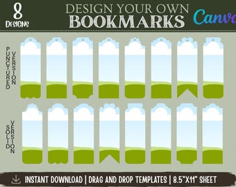 May include: A digital template sheet for 8 bookmark designs featuring a landscape illustration of a blue sky with white clouds over a green grassy field. The sheet includes both punctured and solid versions, labeled as 8.5"x11" sheet.