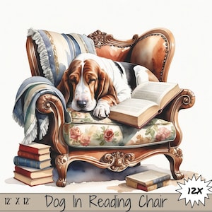 Peut inclure: Illustration à l'aquarelle d'un chien Basset Hound se reposant dans un fauteuil vintage. Le chien est marron, noir et blanc, la tête posée sur un coussin fleuri. Des livres ouverts sont sur la chaise. Le texte "Dog In Reading Chair" est en bas. L'image mesure 30,48 x 30,48 cm.