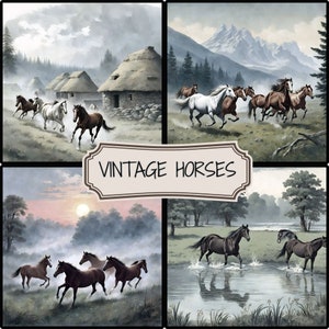 Aquarell Pferd Themed Digital Paper Pack, Vintage Pferde Digitales Scrapbooking Papier, Pferd Hintergründe, Pferd Junk Journal Illustrationen