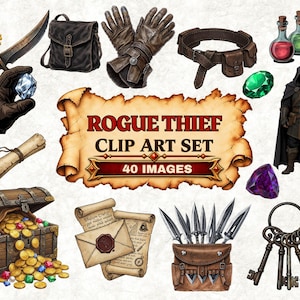 May include: A digital clip art set featuring fantasy rogue-themed items including a dagger, leather bag, gloves, belt, potions, gems, a hooded figure, a treasure chest, scrolls, an envelope with a wax seal, throwing knives, and a set of keys.