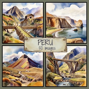 Watercolor Peru Clipart Bundle JPG |South America Scrapbooking Paper  Boho Travel Graphics | Junk Journal Illustrations | Peruvian Landmarks