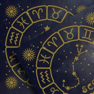 Sterrenbeeld digitaal papier, sterrenstelselachtergrond, dierenriemachtergrond, astronomiebehang, gouden astrologie. Afdrukbaar scrapbookpapier astrologie