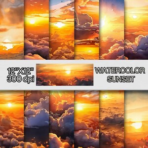 Pacchetto di carta digitale con nuvole al tramonto ad acquerello, sfondi con cielo vibrante, sfondo al tramonto, carta per album, motivi digitali del cielo,