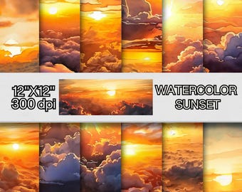 Pacote de papel digital de nuvens de pôr do sol em aquarela, fundos de céu vibrantes, fundo de pôr do sol, papel de scrapbook, padrões de céu digital,