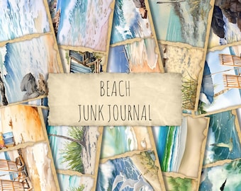 May include: A collage of watercolor paintings featuring various beach scenes, including waves crashing on the shore, palm trees, and seashells. The title "Beach Junk Journal" is written in a vintage font on a brown paper background.