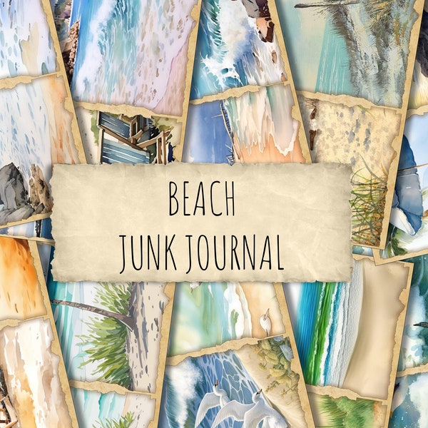 Vintage Beach Junk Journal Pages, Digital Beach Themed Scrapbook Paper, Printable Coastal Collage Sheet, Vintage Nautical Junk Journal Kit