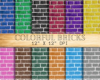 Brick Wall Digital Papers, Colorful Bricks Wall Pattern Scrapbooking Paper, 'Printable Background, Instant Download