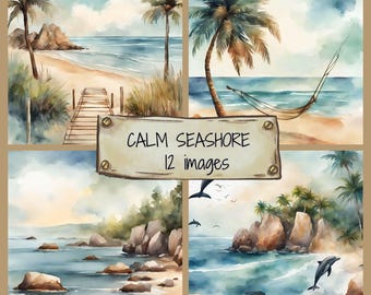 Watercolor Calm Seashore Digital Paper Pack, Summer Beach Digital Scrapbooking Paper, Tranquil Beach Background, Ocean Wave Illustrations