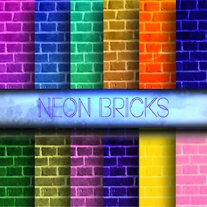 Brick Wall Digital Papers, Neon Bricks Wall Pattern Scrapbooking Paper, &#39;Printable Background, Instant Download