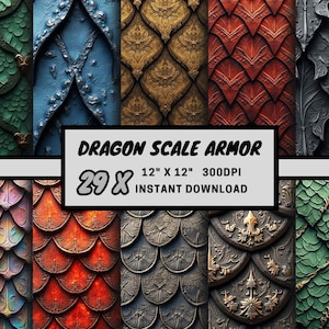Pode incluir: Uma impressão de arte digital com designs de armaduras de escamas de dragão em várias cores. A imagem inclui escamas verdes, azuis, douradas, vermelhas e cinzentas. O texto "DRAGON SCALE ARMOR" é exibido, com dimensões de 30,48 cm x 30,48 cm.