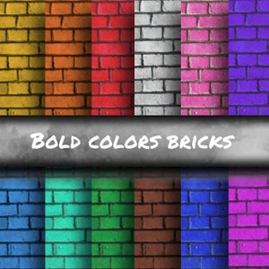 Brick Wall Digital Papers, Bold Colors Bricks Wall Pattern Scrapbooking Paper, &#39;Printable Background, Instant Download