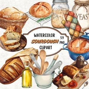 May include: Watercolor clipart featuring various sourdough bread illustrations. Includes loaves in baskets, on cutting boards, and in a blue pot. Also shown are baking tools, oil, and the text "WATERCOLOR SOURDOUGH CLIPART".
