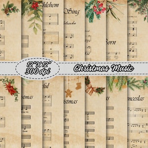 Vintage kerst bladmuziek digitaal papierpakket 12" x 12", feestelijke vakantiemuziek plakboek, afdrukbare kerstliederen, decoupage