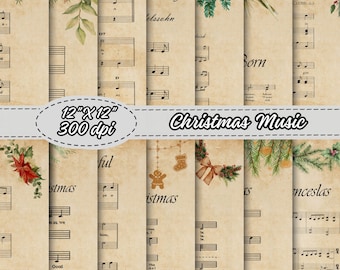 Pacchetto di carta digitale per spartiti natalizi vintage 12"X12", carta per album di ritagli di musica natalizia festiva, canti natalizi stampabili, decoupage