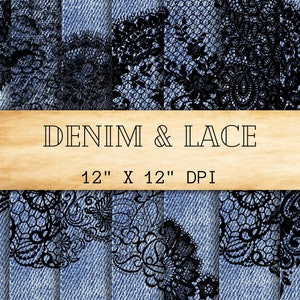 Denim & Lace Textured Digital Papers, Washed Denim Digital Background, Jeans Textures Scrapbook Paper, Printable Denim - Instant Download