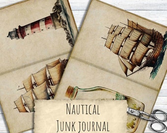 Vintage Nautical Junk Journal Pages, Digital Summer Themed Scrapbook Paper,Printable Coastal Collage Sheet,Vintage Nautical Junk Journal Kit