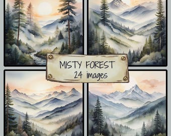 Misty Mountain Forest JPG | Foggy Landscape Digital Print | Watercolor Nature Wall Art | Scenic Woodland Background | Instant Download