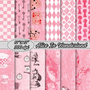 Alice In The Wonderland Digital Paper Pack - Valentines Day Themed Alice In the Wonderland Scrapbooking Background