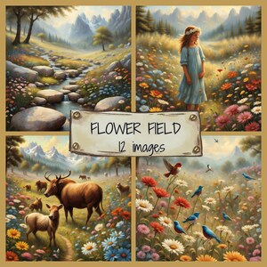 Aquarel Wildflower veld digitale papier Pack JPG, bloemenweide digitale scrapbooking papier, zomer illustraties, lente landschap achtergrond