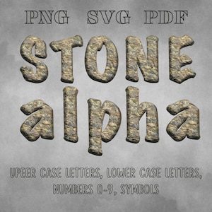 Letras y números del alfabeto de piedra (PNG), fuente de roca (SVG), conjunto de imágenes prediseñadas del alfabeto con patrón de piedra, letras de muro de piedra (PNG y SVG)