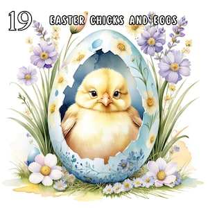 Poussin de Pâques et oeufs Clipart JPG Bundle |  Clipart printemps aquarelle | Poussin de Pâques mignon | Poussins imprimables pour l'artisanat | Créations en papier