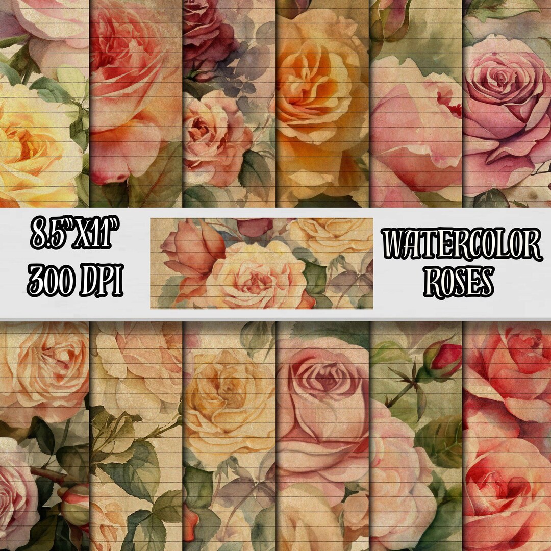 Watercolor Roses Digital Paper Pack, Printable Junk Journal Pages ...
