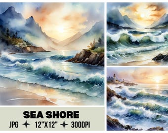 Coastal Scrapbook Papier: Wasserfarben Meereswellen & Meeresküste Digitale Hintergründe