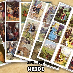 Hoja de collage digital Heidi de Johanna Spyri, ilustraciones vintage, diario basura, efímeras, imágenes imprimibles de libros en formato JPG y PDF