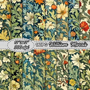 Pacote de papel digital floral inspirado em William Morris, papel de álbum de recortes para impressão, papel de diário de lixo de flores, papel de fundo botânico